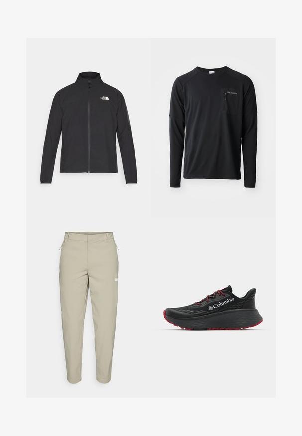 Casaco preto com um colarinho alto, fecho na frente e tecido texturizado. Apresenta um logótipo no canto superior esquerdo e um bolso lateral na manga.; Columbia COLUMBIA TECH™ LONG SLEEVE CREW - Camisola de manga comprida - black; Jack Wolfskin HIKEOUT - Calças para exterior - stone; Shoe atlético preto com parte superior texturizada, atacadores vermelhos e logótipo. Sola espessa com padrão para tração. Design minimalista, vista lateral.