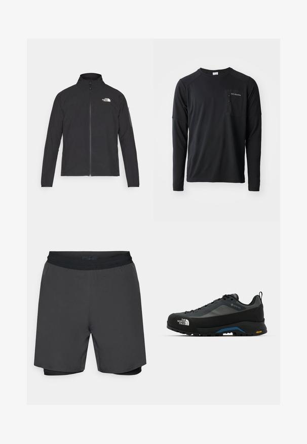 Musta takki, jossa on korkea kaulus, vetoketju edessä ja teksturoitu kangas. Sisältää logon vasemmassa yläkulmassa ja sivutaskun hihassa.; Columbia COLUMBIA TECH™ LONG SLEEVE CREW - Pitkähihainen paita - black; Miesten tummanharmaat sortsit, joissa on musta joustava vyötärö ja sisäinen, istuva kerros. Sujuva pinta, polven pituinen malli.; The North Face VERTO ALPINE GORE TEX - Vaelluskengät - asphalt grey/tnf black