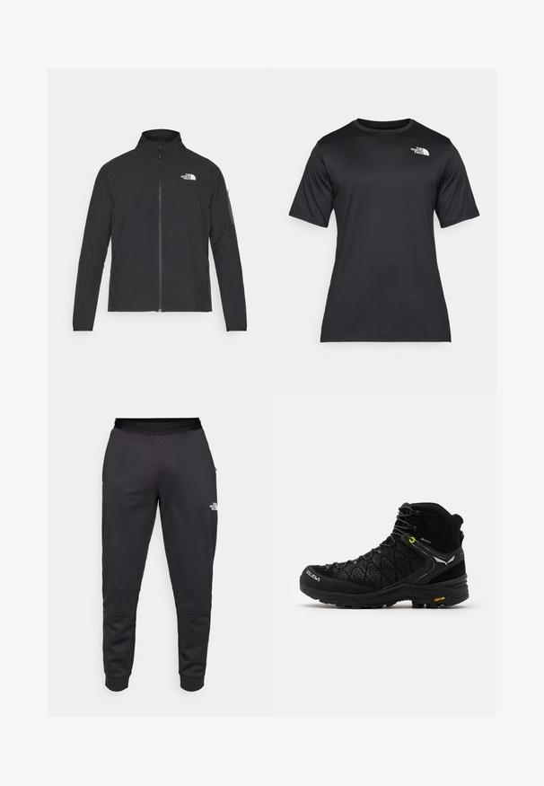 Čierna bunda s vysokým golierom, predným zipsom a textúrovanou tkaninou. Na prednej strane má logo na ľavej hornej strane a bočnú vrecko na rukáve.; Čierne tričko s krátkym rukávom vyrobené z ľahkej, vlhkosť odvádzajúcej tkaniny. Má biele logo na ľavej strane hrudníka a okrúhly výstrih.; Čierne tepláky vyrobené z hladkej látky, s priliehavým strihom, elastickým pásom a detailom loga na pravej nohe.; Čierna turistická obuv s textúrovaným zvrškom, vystuženou špičkou a Vibram podrážkou. Systém šnurovania obsahuje háčiky pre bezpečné upevnenie.