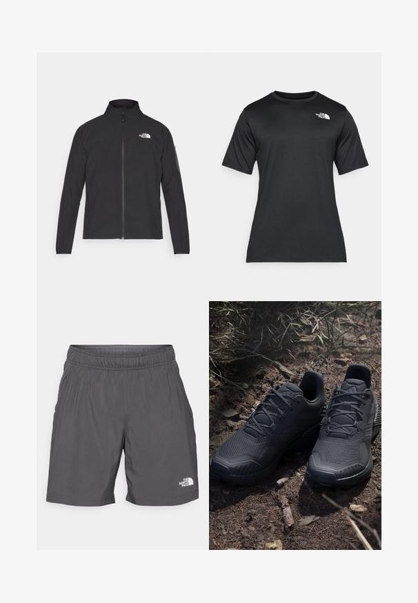 Veste noire avec col montant, fermeture éclair à l'avant et tissu texturé. Présente un logo sur le coin supérieur gauche et une poche latérale sur la manche.; T-shirt noir à manches courtes en tissu léger et évacuant l'humidité. Présente un logo blanc sur la poitrine gauche et un col rond.; Shorts gris légers avec une taille élastique, des poches latérales et un petit logo blanc sur le bas de la jambe gauche. Texture lisse et design décontracté.; Chaussures de sport noires avec une tige en tricot texturé, un embout renforcé et une semelle rembourrée, exposées sur un sol argileux parsemé de brindilles.