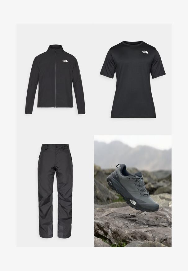Black jacket with a high collar, front zipper, and textured fabric. Features a logo on the upper left and a side pocket on the sleeve.; Black short-sleeve t-shirt made of lightweight, moisture-wicking fabric. Features a white logo on the left chest and a crew neckline.; Black waterproof outdoor pants with zippered side pockets and reinforced ankle sections, shown on a plain white background.; Grey trail running shoe with a textured upper, durable rubber sole, and reinforced toe cap. Features laces and brand logo on the side.