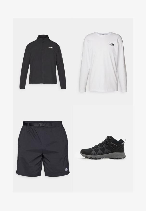 Schwarze Jacke mit hohem Kragen, vorderem Reißverschluss und TEXTURIERTEM Stoff. Verfügt über ein Logo auf der oberen linken Seite und eine Seitentasche am Ärmel.; Weißes langärmliges T-Shirt aus Baumwolle mit Rundhalsausschnitt. Verfügt über ein kleines schwarzes Logo auf der Brust. Glatte Textur, reguläre Passform.; Schwarze leichte Shorts mit lockerer Passform, ausgestattet mit einem verstellbaren Gürtel, Seitentaschen und dem North Face Logo am unteren rechten Bein.; Schwarze Wanderschuhe mit Obermaterial aus Mesh, grauen Akzenten, robuster Sohle und Schnürdesign. Auf der Seite befindet sich ein Logo und die Tread ist ausgeprägt.