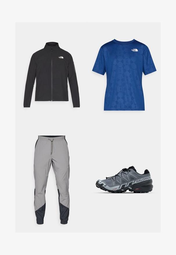 Black jacket with a high collar, front zipper, and textured fabric. Features a logo on the upper left and a side pocket on the sleeve.; Blue short-sleeve shirt with a textured geometric pattern and a white logo on the upper left. Made from a lightweight, breathable material.; Lightweight, gray athletic pants with black accents. Elastic waistband, drawstring closure, tapered leg design, and side pockets.; Gray trail running shoe with a textured upper, black accents, a low silhouette, and multi-directional lugs on the outsole for traction.