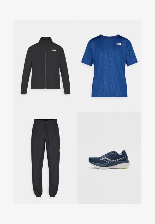 Zwarte jas met een hoge kraag, ritssluiting aan de voorkant en een gestructureerde stof. Heeft een logo op de bovenste linkerzijde en een zijzak op de mouw.; Blauwe short-sleeve shirt met een gestructureerd geometrisch patroon en een wit logo op de bovenste linkerzijde. Gemaakt van een lichte, ademende stof.; Zwarte sportieve broek gemaakt van lichtgewicht stof, met een trekkoord in de taille, zijzakken en taps toelopende boorden bij de enkels.; Marine hardloopschoen met mesh bovenwerk, witte accenten en dikke zool met groene details. Ontwerp bevat een logo aan de zijkant en veters.