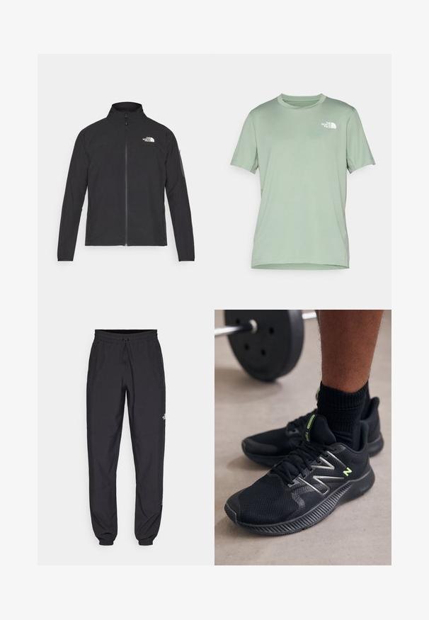 Jachetă neagră cu guler înalt, fermoar frontal și țesătură texturată. Dispune de un logo în partea stângă sus și o buzunar pe manșetă.; Tricou scurt cu mânecă, de culoare verde deschis, fabricat dintr-un material moale; prezintă un logo alb în partea stângă sus; guler rotund, de tip crew.; Pantaloni atletici negri, confecționați dintr-un material ușor, cu un tiv elastic la talie, buzunare laterale și tivuri ajustate la gleznă.; Pantofi sport negri, fabricați din plasă și materiale sintetice, cu accente reflectorizante și o talpă din cauciuc, cu textură pentru aderență.