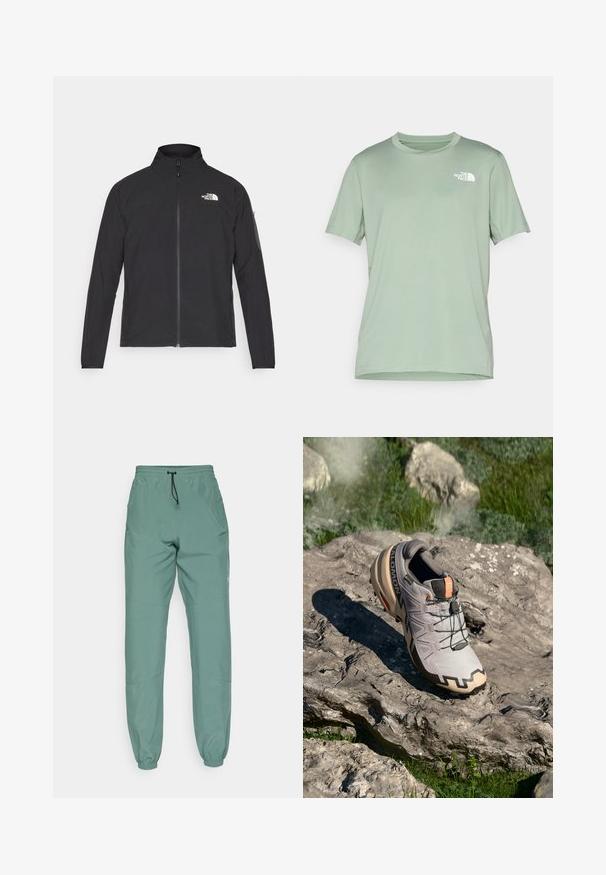 Crna jakna s visokim ovratnikom, prednjim zatvaračem i teksturiranim materijalom. Ima logo na gornjem lijevom dijelu i bočnu žepnju na rukavu.; Svijetlozelena majica s kratkim rukavima od mekog materijala; ima bijeli logo na gornjoj lijevoj strani; okrugli izrez.; Svijetlozelene sportske hlače s elastičnim pojasom i vezicom, s uskim manžetama i bočnim džepovima. Glatka tekstura tkanine.; Svijetlosivi trail trkaći tenisice s bež detaljima, teksturiran gornji dio, crne vezice i izraženi profil na soles. Ima logo branda.