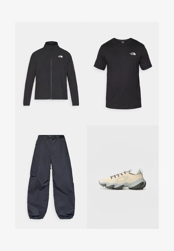 Čierna bunda s vysokým golierom, predným zipsom a textúrovanou tkaninou. Na prednej strane má logo na ľavej hornej strane a bočnú vrecko na rukáve.; Čierne tričko s krátkym rukávom vyrobené z bavlny, s okrúhlym výstrihom a malým bielym logom na hornej ľavej strane hrude.; Tmavošedé cargo nohavice vyrobené z mäkkého, odolného materiálu. Majú široký, voľný strih, viacero vreciek a opasok na prispôsobenie.; Bežové športové topánky s textúrovaným sieťovaným zvrškom, sivou gumovou podrážkou, výrazným zakriveným dizajnom a sivými šnúrkami. Má výťahový pútko na päte.