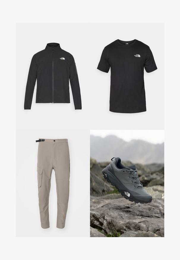 Melna jaka ar augstu apkakli, priekšpuses rāvējslēdzēju un teksturētu audumu. Ievērojams logo augšējā kreisajā pusē un sānu kabata uz piedurknes.; Melna īsām piedurknēm T-krekls, kas izgatavots no kokvilnas, ar apaļu dekoltē un nelielu baltu logotipu augšējā kreisajā krūtīs.; The North Face MOUNTAIN ATHLETICS HYBRID PANT - Āra bikses - grey; Pelēki skrējēju apavi ar teksturētu virsu, izturīgu gumijas zoli un pastiprinātu pirkstu daļu. Iekļauj šņores un zīmola logo sānos.