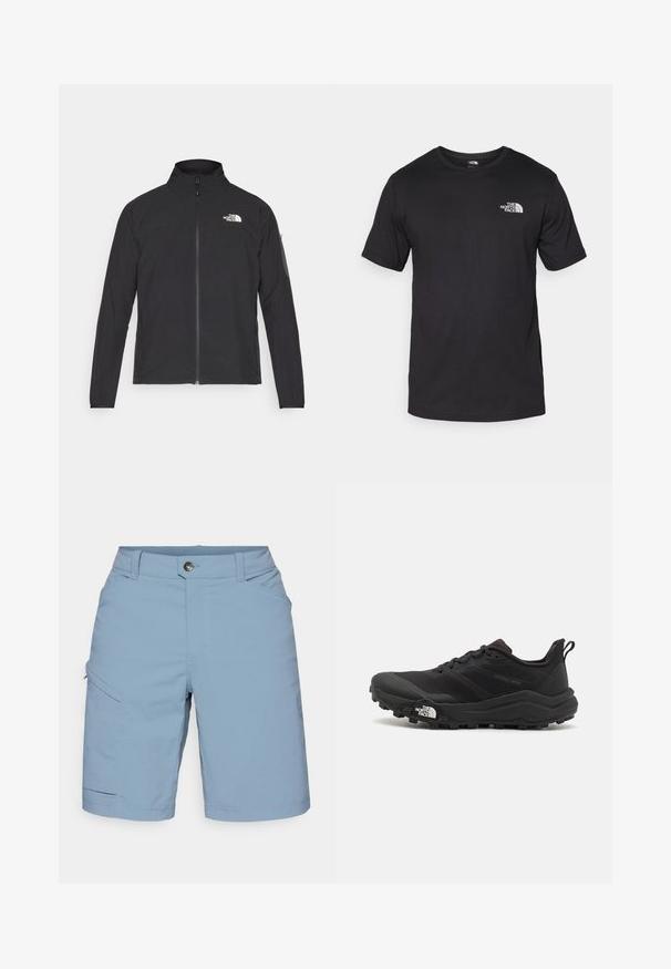 Juodas švarkas su aukšta apykakle, priekiniais užtrauktukais ir tekstūruotu audiniu. Yra logotipas viršuje kairėje ir šoninis kišenė ant rankovės.; Juodas trumpas rankovės marškinėliai, pagaminti iš medvilnės, su apvaliu kaklu ir mažu baltu logotipu viršutiniame kairiajame krūtinės kampe.; Šviesiai mėlyni šortai, pagaminti iš minkštos medžiagos, su priekinėmis sagomis, šoninėmis kišenėmis ir tiesiu fasonu.; Juoda bėgimo batai su tekstūruotu paviršiumi, guma padais ir sustiprinta pirštų dalimi. Yra paminkštinta apykaklė ir kilpos, leidžiančios lengvai užsidėti.