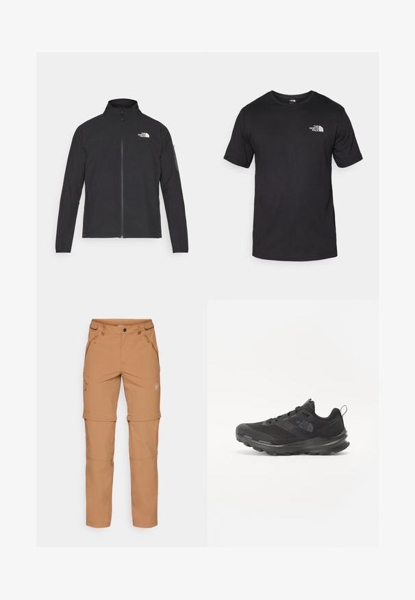 Juodas švarkas su aukšta apykakle, priekiniais užtrauktukais ir tekstūruotu audiniu. Yra logotipas viršuje kairėje ir šoninis kišenė ant rankovės.; Juodas trumpas rankovės marškinėliai, pagaminti iš medvilnės, su apvaliu kaklu ir mažu baltu logotipu viršutiniame kairiajame krūtinės kampe.; Mammut RUNBOLD ZIP OFF PANTS MEN - Lauko kelnės - claystone; Juodos sportinės bateliai su tinklelio viršumi, guminiais padu ir paminkštintu apykakle. Yra raišteliai, logotipas šone ir tekstūruotas dizainas.