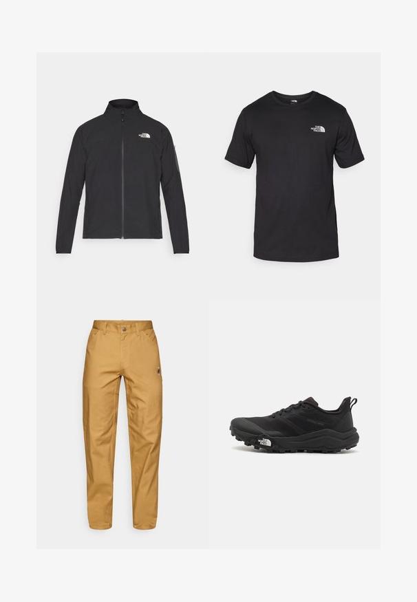 Fekete dzseki magas gallérral, elől cipzárral és texturált anyagból. Az elején bal oldalon logó található, és az ujjon egy oldalsó zseb helyezkedik el.; Fekete rövidujjú pamut póló, kerek nyakkivágással, a bal felső mellkason egy kis fehér logóval.; Férfi világosbarna munkanadrág, elülső zsebekkel, övhurkokkal, gombos záródással és egy kis kör alakú logóval a jobb combján.; Fekete terepfutó cipő, textúrált felső résszel, gumitalppal és megerősített lábujjrészével. Párnázott bokarésszel és húzófüllel rendelkezik a könnyű felhúzáshoz.