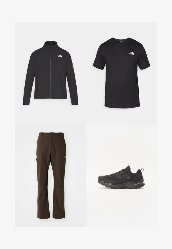Fekete dzseki magas gallérral, elől cipzárral és texturált anyagból. Az elején bal oldalon logó található, és az ujjon egy oldalsó zseb helyezkedik el.; Fekete rövidujjú pamut póló, kerek nyakkivágással, a bal felső mellkason egy kis fehér logóval.; Jack Wolfskin HOLDSTEIG PANTS - Szabadtéri nadrágok - peat; Fekete sportcipő hálós felsőrésszel, gumitalppal és párnázott gallérral. Fűzős, oldalán logóval és textúrázott dizájnnal rendelkezik.
