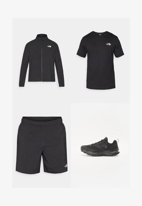 Black jacket with a high collar, front zipper, and textured fabric. Features a logo on the upper left and a side pocket on the sleeve.; Black short-sleeve t-shirt made of cotton, featuring a round neckline and a small white logo on the upper left chest area.; Black shorts with an elastic waistband, lightweight fabric, side pockets, and a small white logo on the lower front right.; Black athletic shoe with mesh upper, rubber outsole, and padded collar. Features laces, logo on the side, and a textured design.