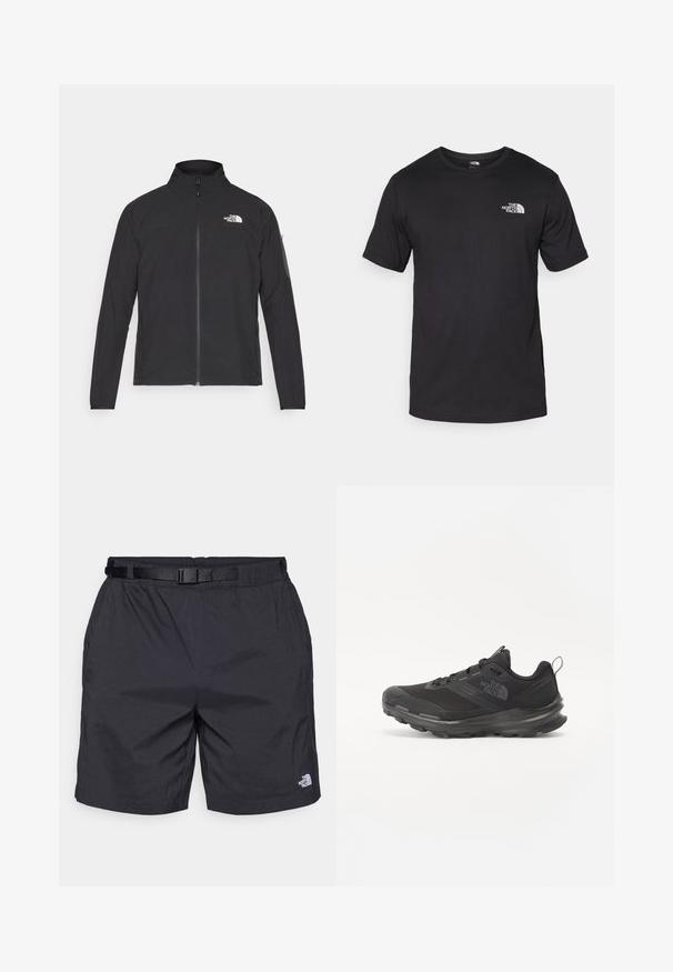 Juodas švarkas su aukšta apykakle, priekiniais užtrauktukais ir tekstūruotu audiniu. Yra logotipas viršuje kairėje ir šoninis kišenė ant rankovės.; Juodas trumpas rankovės marškinėliai, pagaminti iš medvilnės, su apvaliu kaklu ir mažu baltu logotipu viršutiniame kairiajame krūtinės kampe.; Juodi lengvi šortai su laisvu kirpimu, turintys reguliuojamą diržą, šonines kišenes ir "North Face" logotipą apatiniame dešiniajame šortų šone.; Juodos sportinės bateliai su tinklelio viršumi, guminiais padu ir paminkštintu apykakle. Yra raišteliai, logotipas šone ir tekstūruotas dizainas.