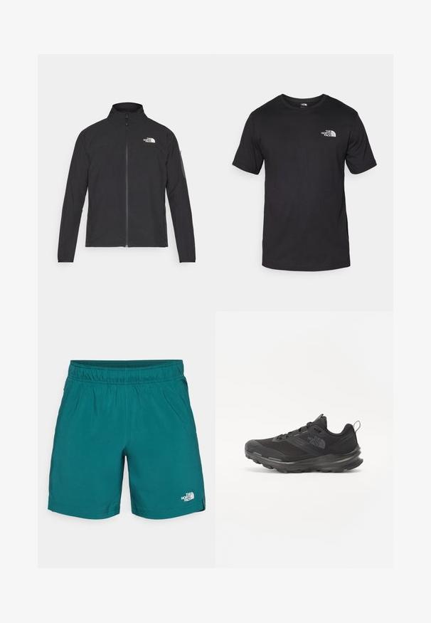 Μαύρο σακάκι με ψηλό γιακά, μπροστινό φερμουάρ και υφασμάτινη υφή. Διαθέτει λογότυπο στο πάνω αριστερό μέρος και πλαϊνή τσέπη στο μανίκι.; Μαύρη κοντομάνικη μπλούζα φτιαγμένη από βαμβάκι, με στρογγυλή λαιμόκοψη και μικρό λευκό λογότυπο στην άνω αριστερή περιοχή του στήθους.; Τιρκουάζ αθλητικά σορτς κατασκευασμένα από ελαφρύ ύφασμα, διαθέτοντας ελαστική μέση και ένα μικρό λευκό λογότυπο στο κάτω αριστερό πόδι.; Μαύρο αθλητικό παπούτσι με διαπνέον επάνω μέρος από πλέγμα, ελαστική σόλα και μαλακή επένδυση στον αστράγαλο. Διαθέτει κορδόνια, λογότυπο στο πλάι και υφή στο σχέδιο.