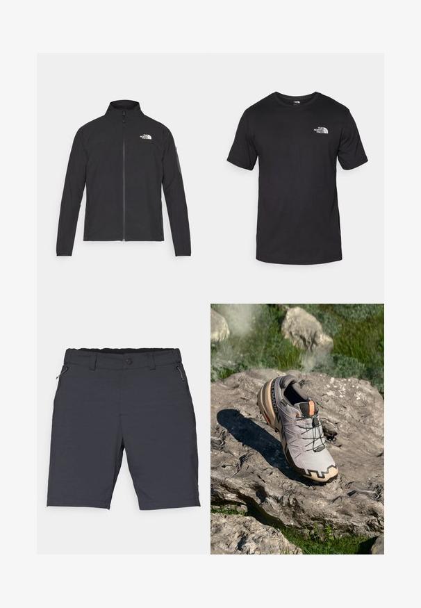 Melna jaka ar augstu apkakli, priekšpuses rāvējslēdzēju un teksturētu audumu. Ievērojams logo augšējā kreisajā pusē un sānu kabata uz piedurknes.; Melna īsām piedurknēm T-krekls, kas izgatavots no kokvilnas, ar apaļu dekoltē un nelielu baltu logotipu augšējā kreisajā krūtīs.; Tumši pelēki šorti, kas izgatavoti no viegla auduma, ar plakanu jostasvietu, sānu kabatām ar rāvējslēdzējiem un taisnu piegriezumu līdz ceļiem.; Gaišs pelēks taku skriešanas apavs ar bēšiem akcentiem, teksturēta virsma, melnas mežģīnes un izteikta zole. Satur zīmola logo.