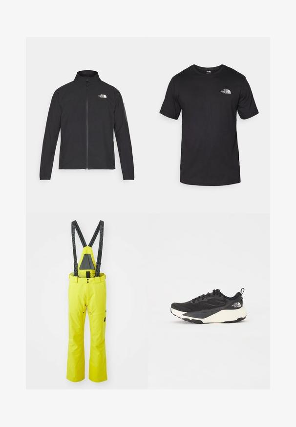 Zwarte jas met een hoge kraag, ritssluiting aan de voorkant en een gestructureerde stof. Heeft een logo op de bovenste linkerzijde en een zijzak op de mouw.; Zwarte T-shirt met korte mouwen van katoen, voorzien van een ronde halslijn en een klein wit logo op de bovenste linkerkant van de borst.; Spyder DARE PANTS - Skibroek - acid yellow; Zwarte sportieve schoen met een gestructureerde mesh bovenkant, solide zwarte accenten en een lichte witte buitenzool. Voorzien van vetersluiting en een treklus.