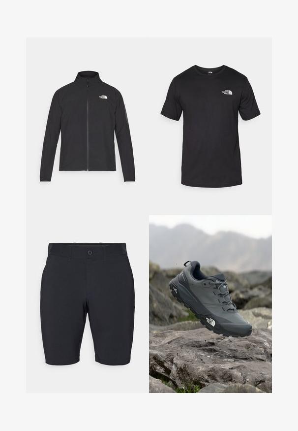 Musta jakk, millel on kõrge krae, eesneediga ja tekstuuriga kangas. Omab logo vasakul ülal ja küljetaskut varrukal.; Must have lühikeste varrukatega must T-särk, mis on valmistatud puuvillast, ümmarguse kaelusega ja väikese valge logoga vasakus ülanurgas.; Mustad lühikesed püksid, mis on valmistatud kerge kangast, sirge jala disainiga, tasasest eest, ja ühe nupuga sulgemisega koos vöörihmadega.; Hallhalli jooksukingad halli värvi, tekstureeritud ülemise osaga, vastupidava kummist tallaga ja tugevdatud varvaste kattega. Omab paelu ja kaubamärgi logo küljel.