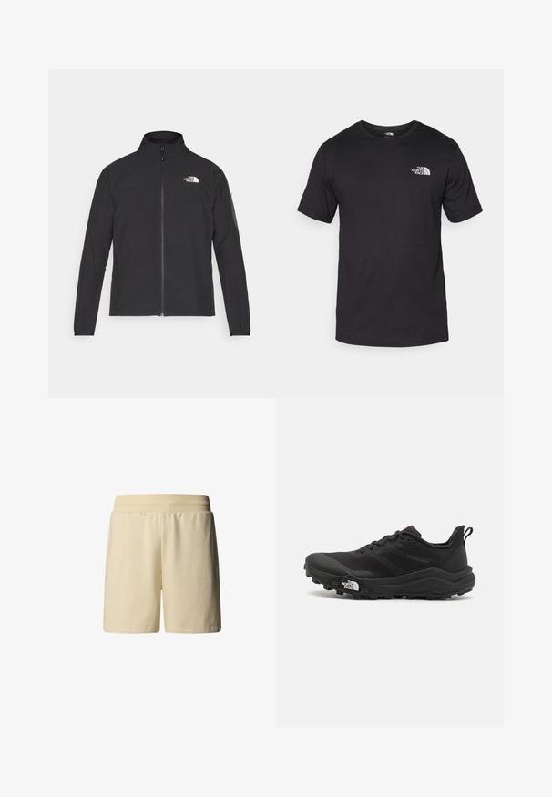 Czarna kurtka z wysokim kołnierzem, przednim zamkiem błyskawicznym i teksturowanym materiałem. Posiada logo na górnej lewej stronie oraz kieszeń na rękawie.; Czarna koszulka z krótkim rękawem wykonana z bawełny, z okrągłym dekoltem i małym białym logo na górnej lewej części klatki piersiowej.; Jasno beżowe szorty wykonane z miękkiej bawełny, z elastycznym pasem i swobodnym fasonem, bez widocznych kieszeni i wzorów.; Czarne buty do biegania w terenie z teksturowaną cholewką, gumową podeszwą i wzmocnionym noskiem. Posiadają wyściełany kołnierz oraz uchwyt do łatwego zakładania.