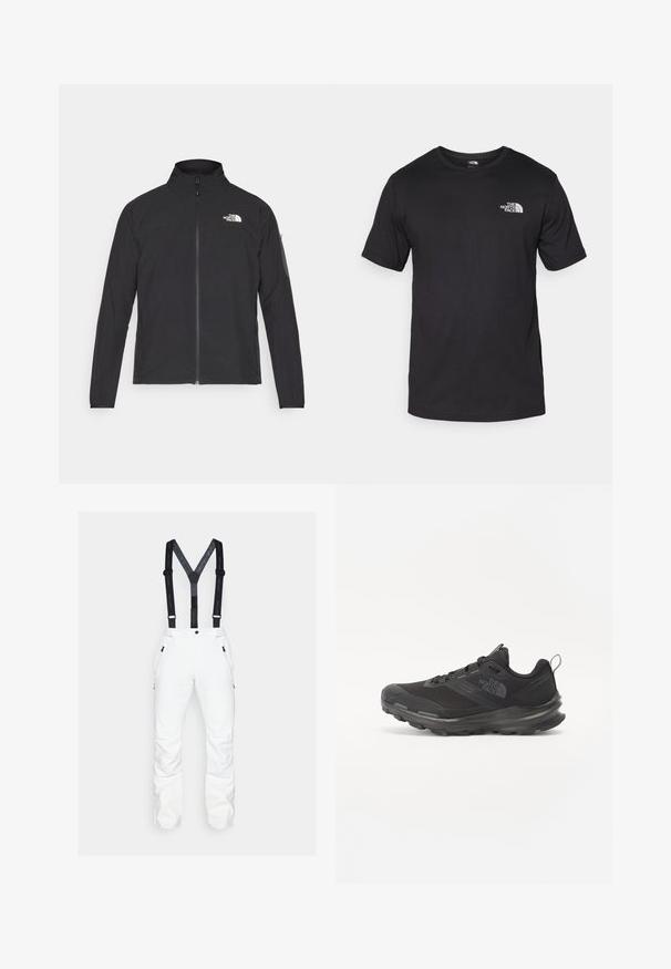 Čierna bunda s vysokým golierom, predným zipsom a textúrovanou tkaninou. Na prednej strane má logo na ľavej hornej strane a bočnú vrecko na rukáve.; Čierne tričko s krátkym rukávom vyrobené z bavlny, s okrúhlym výstrihom a malým bielym logom na hornej ľavej strane hrude.; Biele snehové nohavice s nastaviteľnými čiernymi traky, bočnými vreckami na zips a spevnenými dolnými nohami. Hladká tkanina so štýlovým dizajnom.; Čierna športová obuv s vrchnou časťou z jemnej sieťoviny, gumovou podrážkou a polstrovaným golierom. Obsahuje šnúrky, logo na strane a textúrovaný dizajn.