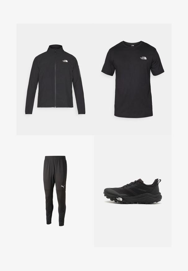 Schwarze Jacke mit hohem Kragen, vorderem Reißverschluss und TEXTURIERTEM Stoff. Verfügt über ein Logo auf der oberen linken Seite und eine Seitentasche am Ärmel.; Schwarzes T-Shirt mit kurzen Ärmeln aus Baumwolle, mit einem runden Ausschnitt und einem kleinen weißen Logo auf der oberen linken Brust.; Schwarze Sporthosen mit strukturiertem oberen Teil, figurbetontem Design und gemusterten unteren Bündchen. Sie verfügen über einen elastischen Bund und Seitentaschen.; Schwarzer Trailrunning-Schuh mit strukturiertem Obermaterial, Gummisohle und verstärkter Zehenkappe. Verfügt über einen gepolsterten Kragen und eine Ziehlasche für einfaches Anziehen.