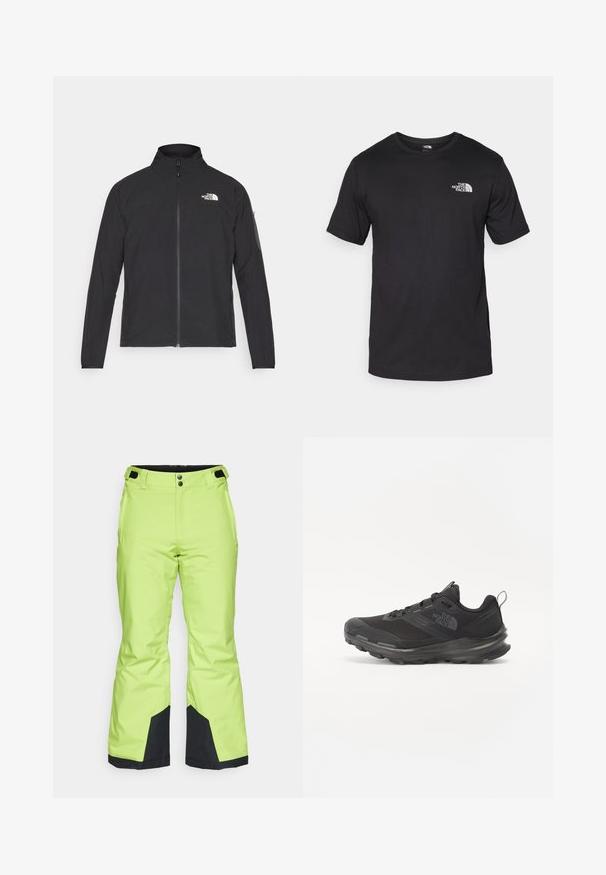 Zwarte jas met een hoge kraag, ritssluiting aan de voorkant en een gestructureerde stof. Heeft een logo op de bovenste linkerzijde en een zijzak op de mouw.; Zwarte T-shirt met korte mouwen van katoen, voorzien van een ronde halslijn en een klein wit logo op de bovenste linkerkant van de borst.; Felgroene skibroek met een gladde textuur, voorzien van zwarte accenten bij de boorden en een knoopsluiting bij de taille.; Zwarte sportieve sneaker met een bovenkant van mesh, rubberen zool en een zachte kraag. Voorzien van veters, een logo op de zijkant en een gestructureerd ontwerp.