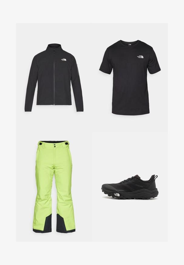 Schwarze Jacke mit hohem Kragen, vorderem Reißverschluss und TEXTURIERTEM Stoff. Verfügt über ein Logo auf der oberen linken Seite und eine Seitentasche am Ärmel.; Schwarzes T-Shirt mit kurzen Ärmeln aus Baumwolle, mit einem runden Ausschnitt und einem kleinen weißen Logo auf der oberen linken Brust.; Hellgrüne Skihosen mit glatter Textur, die schwarze Akzente an den Bündchen und einen Knopfschluss an der Taille aufweisen.; Schwarzer Trailrunning-Schuh mit strukturiertem Obermaterial, Gummisohle und verstärkter Zehenkappe. Verfügt über einen gepolsterten Kragen und eine Ziehlasche für einfaches Anziehen.