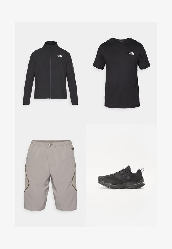 Black jacket with a high collar, front zipper, and textured fabric. Features a logo on the upper left and a side pocket on the sleeve.; Black short-sleeve t-shirt made of cotton, featuring a round neckline and a small white logo on the upper left chest area.; Beige shorts with a textured pattern, elastic waistband, drawstring, and side accents. Features mesh panels for breathability.; Black athletic shoe with mesh upper, rubber outsole, and padded collar. Features laces, logo on the side, and a textured design.