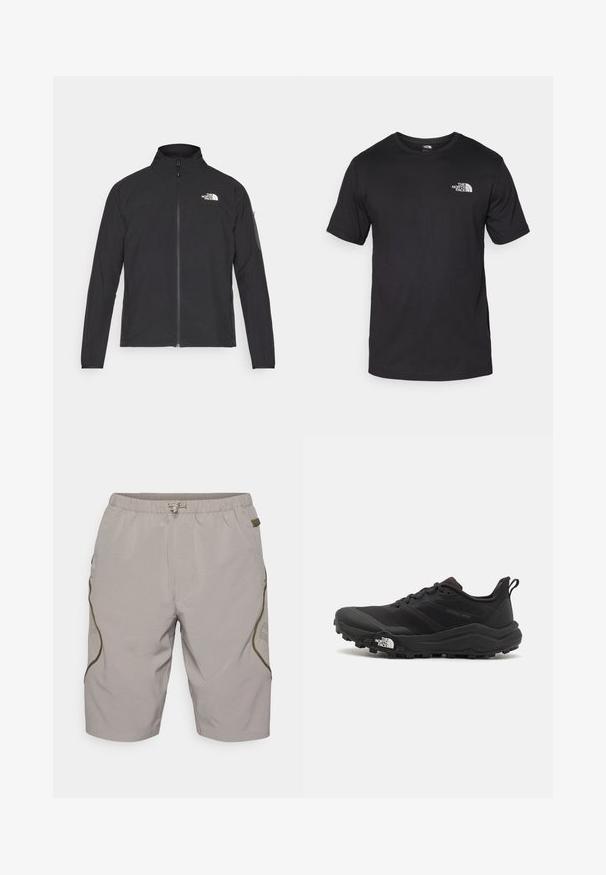 Juodas švarkas su aukšta apykakle, priekiniais užtrauktukais ir tekstūruotu audiniu. Yra logotipas viršuje kairėje ir šoninis kišenė ant rankovės.; Juodas trumpas rankovės marškinėliai, pagaminti iš medvilnės, su apvaliu kaklu ir mažu baltu logotipu viršutiniame kairiajame krūtinės kampe.; Kreminės šortai su tekstūruotu raštu, elastinga juosta, raišteliu ir šoninėmis detalėmis. Yra tinkliniai intarpai, užtikrinantys pralaidumą orui.; Juoda bėgimo batai su tekstūruotu paviršiumi, guma padais ir sustiprinta pirštų dalimi. Yra paminkštinta apykaklė ir kilpos, leidžiančios lengvai užsidėti.