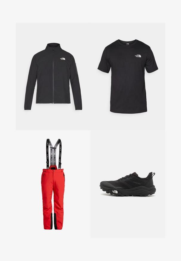 Svart jacka med hög krage, framdragkedja och texturerat tyg. Har en logotyp på övre vänstra sidan och en sidoficka på ärmen.; Svart t-shirt med kort ärm gjord av bomull, med rund halsringning och en liten vit logotyp på övre vänstra bröstområdet.; Röda skidbyxor med justerbara svarta hängslen som har en logotyp. Inkluderar fickor med dragkedja och svarta detaljer vid fållarna. Vattentätt material.; Svart terränglöparsko med en strukturerad ovandel, gummisula och förstärkt tåhätta. Har en vadderad krage och en dragflik för enkel påtagning.