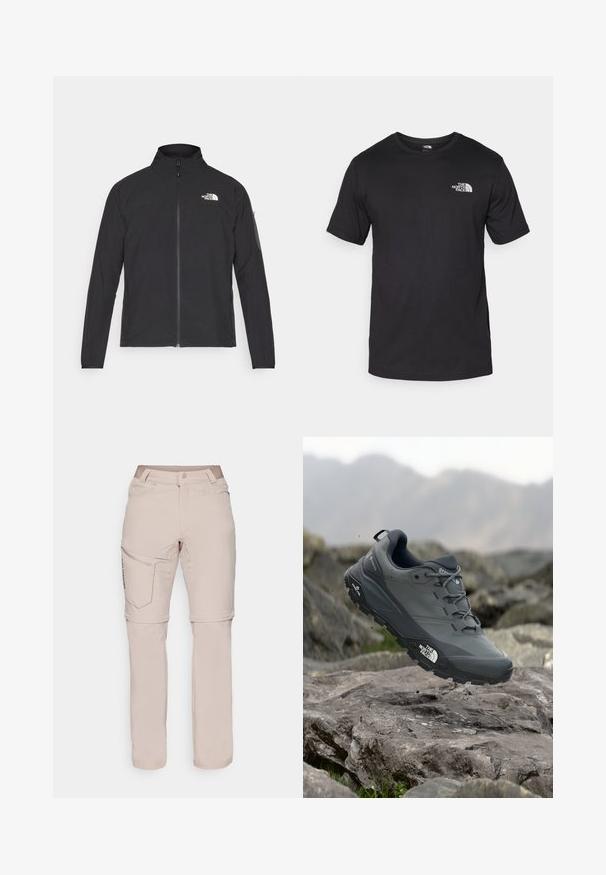 Casaco preto com um colarinho alto, fecho na frente e tecido texturizado. Apresenta um logótipo no canto superior esquerdo e um bolso lateral na manga.; T-shirt preto de manga curta feito de algodão, com um decote redondo e um pequeno logótipo branco na parte superior esquerda do peito.; Calças externas bege claro feitas de um tecido elástico, apresentando um bolso cargo com fecho éclair, textura suave e punhos ajustáveis. Logótipo na lateral.; Sapatilha de corrida em trilhos cinza com um cabedal texturizado, sola de borracha durável e ponteira reforçada. Apresenta atacadores e o logótipo da marca de lado.