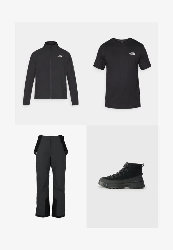 Zwarte jas met een hoge kraag, ritssluiting aan de voorkant en een gestructureerde stof. Heeft een logo op de bovenste linkerzijde en een zijzak op de mouw.; Zwarte T-shirt met korte mouwen van katoen, voorzien van een ronde halslijn en een klein wit logo op de bovenste linkerkant van de borst.; Zwarte waterdichte sneeuwbroek met verstelbare bretels, een wijdbenig ontwerp, verstevigde onderpanelen en twee knoopsluitingen in de taille.; Zwarte wandelschoen met een bovenwerk van suede, stevige rubberen zool en versterkte ogen voor de veters. Voorzien van een trekband aan de achterkant voor eenvoudig aan- en uittrekken.
