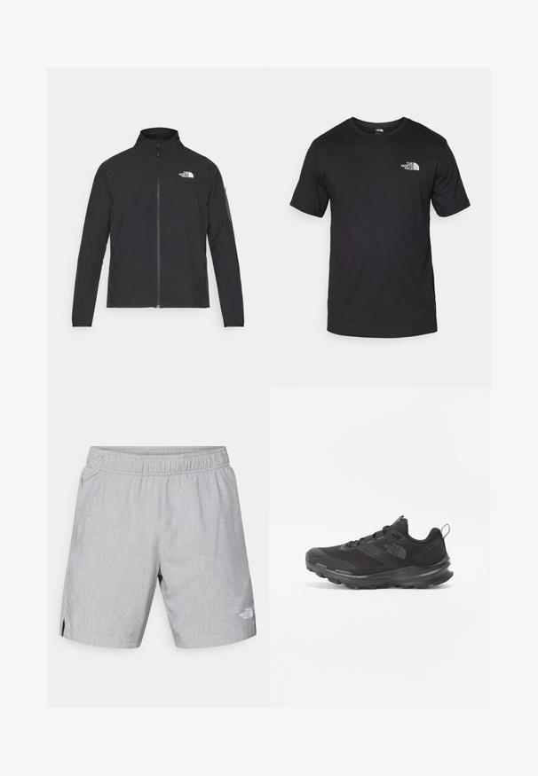 Črna jakna z visokim ovratnikom, sprednjim zadrgo in teksturirano tkanino. Ima logo na zgornji levi strani in stranski žep na rokavu.; Črna kratko sleeved majica iz bombaža, s krožnim izrezom in majhnim belim logotipom na zgornjem levem delu prsnega koša.; Svetlo sivi šortsi iz teksturirane tkanine, z elastičnim pasom, stranskimi žepi in logotipom na spodnjem desnem delu noge.; Črne športne čevlje z mrežastim zgornjim delom, gumijastim podplatom in oblazinjenim ovratnikom. Imajo vezalke, logo na strani in strukturiran dizajn.