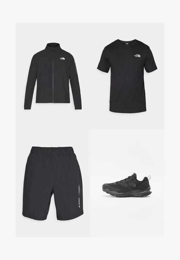 Fekete dzseki magas gallérral, elől cipzárral és texturált anyagból. Az elején bal oldalon logó található, és az ujjon egy oldalsó zseb helyezkedik el.; Fekete rövidujjú pamut póló, kerek nyakkivágással, a bal felső mellkason egy kis fehér logóval.; Fekete rövidnadrág rugalmas derékkal, sima textúrával és oldalsó logóval a Terrex és a National Geographic részére.; Fekete sportcipő hálós felsőrésszel, gumitalppal és párnázott gallérral. Fűzős, oldalán logóval és textúrázott dizájnnal rendelkezik.