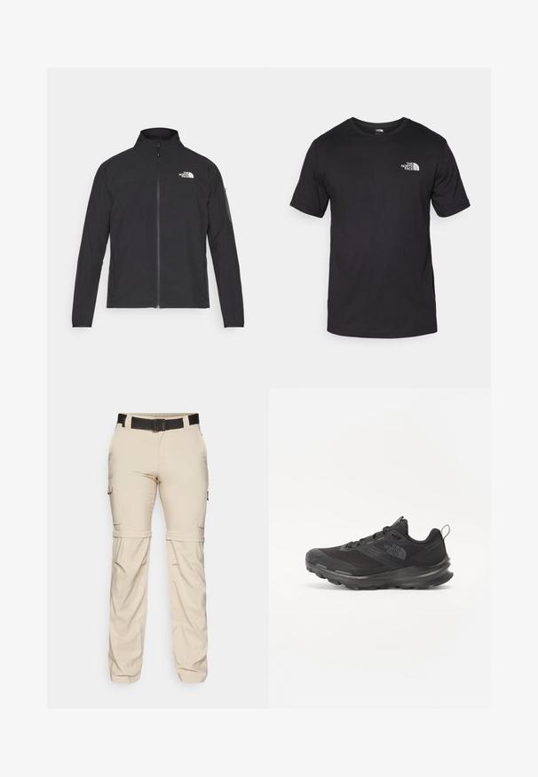 Giacca nera con colletto alto, zip frontale e tessuto strutturato. Presenta un logo sulla parte superiore sinistra e una tasca laterale sulla manica.; T-shirt nera a maniche corte in cotone, con scollatura rotonda e un piccolo logo bianco nell'area superiore sinistra del petto.; Pantaloni cargo beige leggeri con una funzione zip-off, una cintura nera e tasche cargo laterali per una maggiore praticità. Tessuto morbido e design su misura.; Scarpa sportiva nera con tomaia in rete, suola in gomma e collarino imbottito. Presenta lacci, un logo sul lato e un design testurizzato.