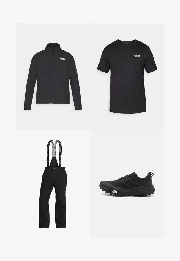Čierna bunda s vysokým golierom, predným zipsom a textúrovanou tkaninou. Na prednej strane má logo na ľavej hornej strane a bočnú vrecko na rukáve.; Čierne tričko s krátkym rukávom vyrobené z bavlny, s okrúhlym výstrihom a malým bielym logom na hornej ľavej strane hrude.; Čierne snehové nohavice s nastaviteľnými trhacími popruhmi, so zipsovými vreckami a vystuženými členkami. Vyrobené z nepremokavého materiálu s hladkou textúrou.; Čierne trailové behacie topánky s štruktúrovaným zvrškom, gumovou podrážkou a vystuženou špičkou. Obsahuje polstrovaný golier a úchyt na jednoduché obúvanie.
