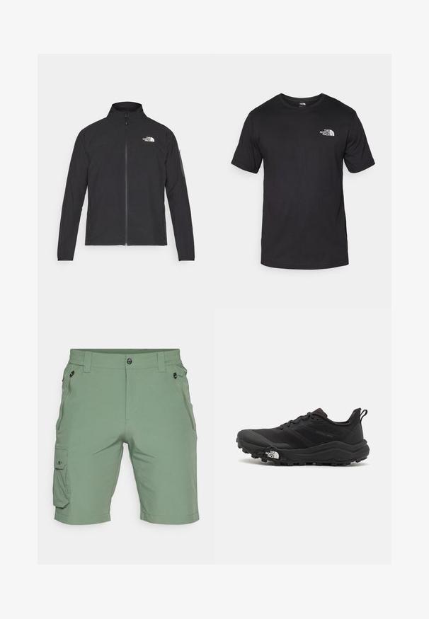 Sort jakke med høj krave, frontlynlås og struktureret stof. Har et logo på øverste venstre side og en sidelomme på ærmet.; Sort kortærmet t-shirt lavet af bomuld, med rund halsudskæring og et lille hvidt logo på den øverste venstre brystområde.; Grønne cargoshorts lavet af letvægtsstof, med knaplukning, elastisk talje, sidelommer og en cargo-lomme på benet.; Sort trail løbesko med en struktureret overdel, gummisål og forstærket tåhætte. Har en polstret krave og en pull-tab til nem påtagning.