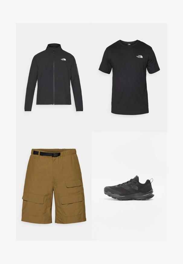 Svart jakke med høy krage, frontglidelås og teksturert stoff. Har et logo på øvre venstre side og en sidelomme på ermet.; Svart kortermet t-skjorte laget av bomull, med rund hals og en liten hvit logo på øvre venstre brystområde.; Cargo shorts i khaki, med elastisk midjebånd og svart belte, to sidelommer og to cargo lommer med klaff-lukking.; Svart treningssko med mesh-overdel, gummiyttersåle og polstret krage. Har snører, logo på siden og et teksturert design.