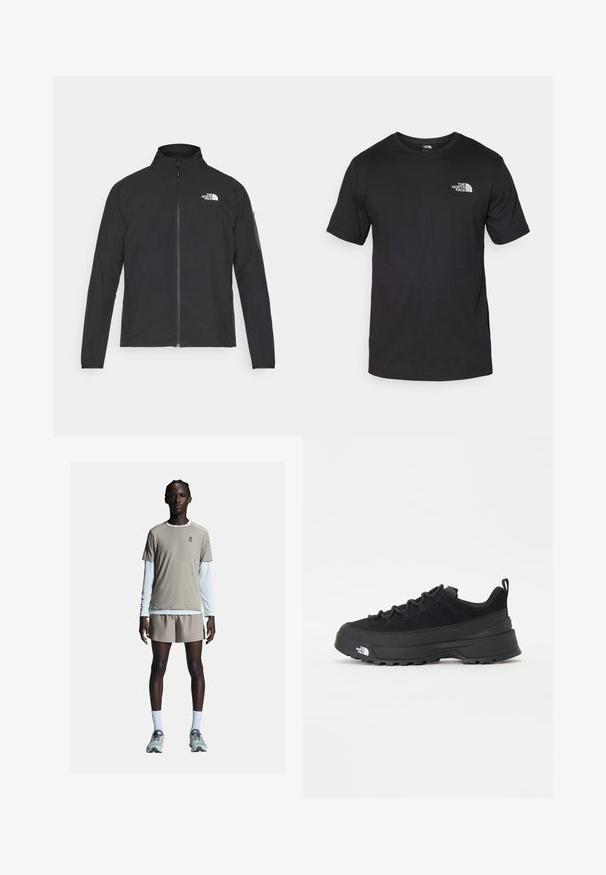 Sort jakke med høj krave, frontlynlås og struktureret stof. Har et logo på øverste venstre side og en sidelomme på ærmet.; Sort kortærmet t-shirt lavet af bomuld, med rund halsudskæring og et lille hvidt logo på den øverste venstre brystområde.; On PERFORMANCE - Shorts - cinder; Sort udendørs sneakers med overdel i ruskind, tekstureret gummisål og robust snøringssystem. Har en forstærket hæl og logo fra mærket på siden.