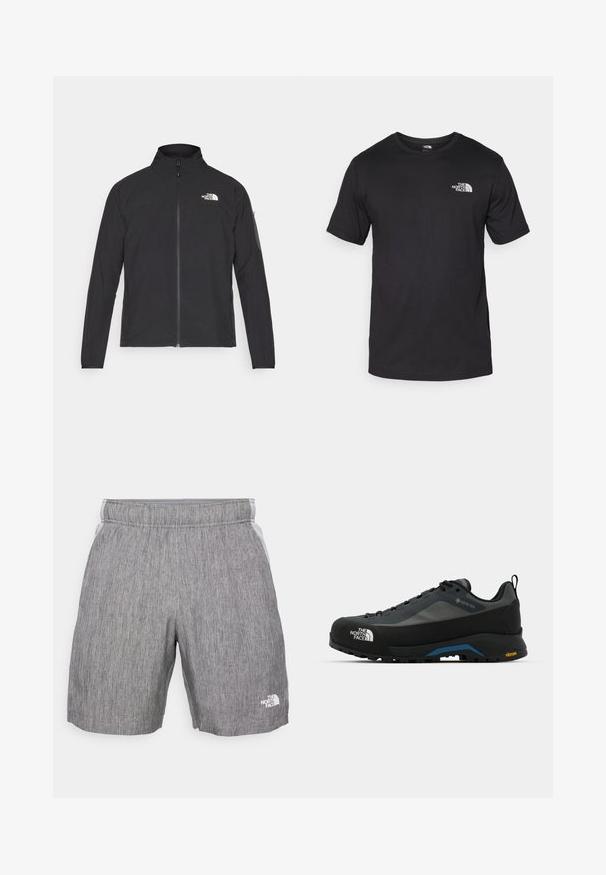 Jachetă neagră cu guler înalt, fermoar frontal și țesătură texturată. Dispune de un logo în partea stângă sus și o buzunar pe manșetă.; Tricou scurt din bumbac, de culoare neagră, cu guler rotund și un mic logo alb în partea de sus a pieptului stâng.; Shorts sportivi gri, confectionați dintr-un material texturat, cu un talie elastică, buzunare laterale și un logo alb pe piciorul din stânga jos.; The North Face VERTO ALPINE GORE TEX - Pantofi drumeție - asphalt grey/tnf black