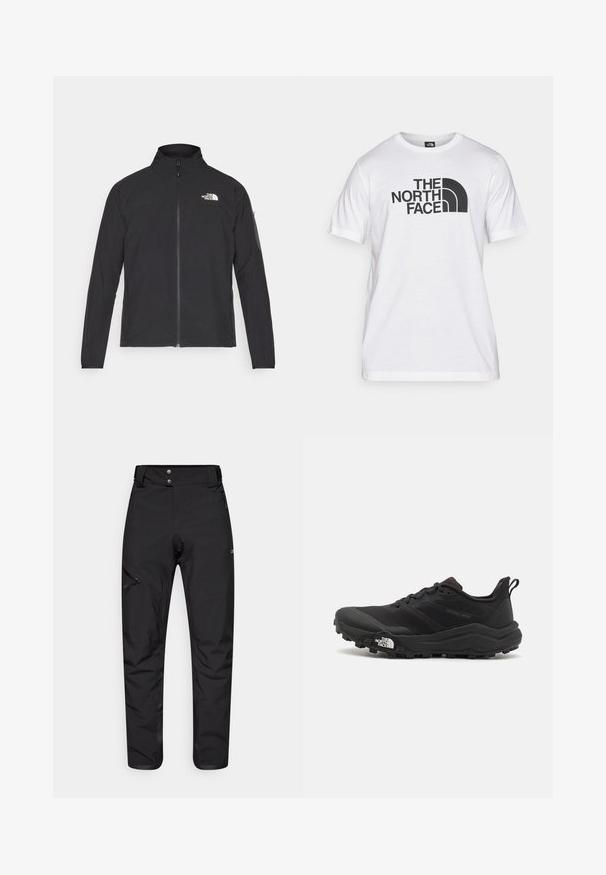 Svart jakke med høy krage, frontglidelås og teksturert stoff. Har et logo på øvre venstre side og en sidelomme på ermet.; Hvit bomulls T-skjorte med svart grafisk trykk som inkluderer tekst og et buet logodesign. Rund hals og korte ermer. Enkelt tekstur.; Svart utendørsbukser laget av et slitesterkt, lett materiale. Har en glidelåslomme på venstre lår og en to-knappslinning.; Svart terrengløpesko med teksturert overdel, gummisåle og forsterket tåhette. Har polstret krage og løftestropp for enkel påkledning.