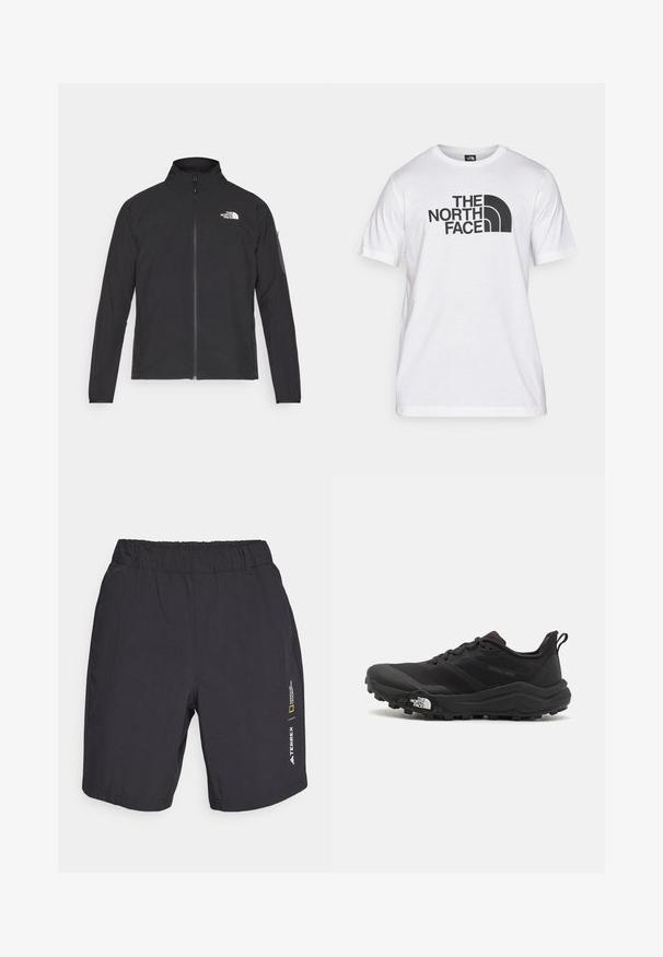 Μαύρο σακάκι με ψηλό γιακά, μπροστινό φερμουάρ και υφασμάτινη υφή. Διαθέτει λογότυπο στο πάνω αριστερό μέρος και πλαϊνή τσέπη στο μανίκι.; Λευκό βαμβακερό t-shirt με μαύρη γραφική εκτύπωση που περιλαμβάνει κείμενο και σχεδίαση καμπύλου λογότυπου. Στρογγυλή λαιμόκοψη και κοντά μανίκια. Απλή υφή.; Μαύρες βερμούδες με ελαστική μέση, με απαλό υφή και λεπτομέρεια λογότυπου στο πλάι για την Terrex και το National Geographic.; Μαύρο αθλητικό παπούτσι τρεξίματος με υφασμάτινο άνω μέρος, καουτσούκ σόλα και ενισχυμένη μύτη. Διαθέτει επενδεδυμένο κολάρο και θηλιά στα πίσω για εύκολη φορεσιά.