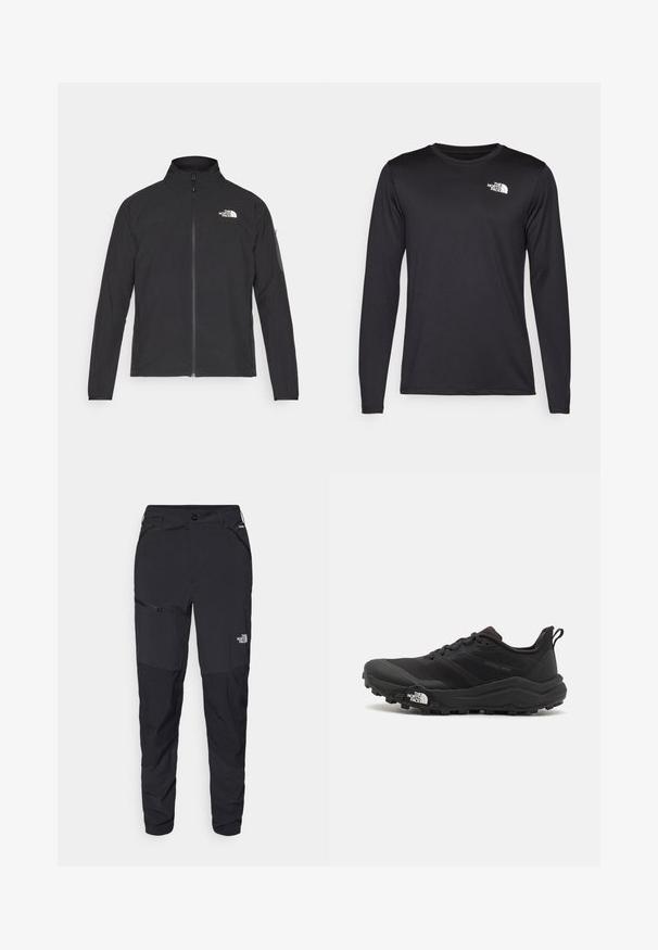 Musta jakk, millel on kõrge krae, eesneediga ja tekstuuriga kangas. Omab logo vasakul ülal ja küljetaskut varrukal.; Pikkade varrukatega must spordit-särk, mis on valmistatud kerge kangaga, esiküljel vasakul rinnal on valge logo. Sile tekstuur.; Mustad musta värvi välispüksid kitsa lõikega, valmistatud vastupidavast kangast. Sisaldab lukuga Taskuid ja diskreetset brändingu eleminti esijalal.; Must tume jooksujalats musta värvi, tekstuurse ülemise osaga, kummist tallaga ja tugevdatud varbaga. Omab pehmendusega krae ja tõmblinti mugavaks selga panemiseks.