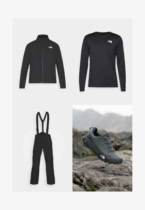 Black jacket with a high collar, front zipper, and textured fabric. Features a logo on the upper left and a side pocket on the sleeve.; Long-sleeved black performance t-shirt made of lightweight fabric, featuring a white logo on the upper left chest. Smooth texture.; Black high-performance snow pants with adjustable suspenders, front zip pockets, and a smooth, durable texture.; Grey trail running shoe with a textured upper, durable rubber sole, and reinforced toe cap. Features laces and brand logo on the side.