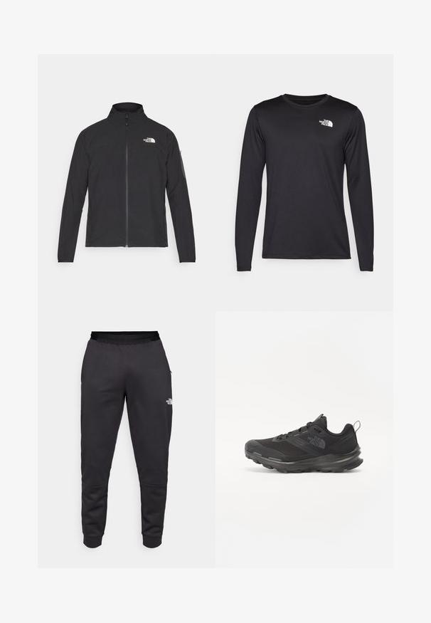 Fekete dzseki magas gallérral, elől cipzárral és texturált anyagból. Az elején bal oldalon logó található, és az ujjon egy oldalsó zseb helyezkedik el.; Hosszú ujjú fekete teljesítmény póló, könnyű anyagból készült, a bal felső mellen fehér logóval. Sima textúra.; Fekete melegítőnadrág sima anyagból, tapered fazonban, elasztikus derékrésszel és logó részlettel a jobb lábon.; Fekete sportcipő hálós felsőrésszel, gumitalppal és párnázott gallérral. Fűzős, oldalán logóval és textúrázott dizájnnal rendelkezik.