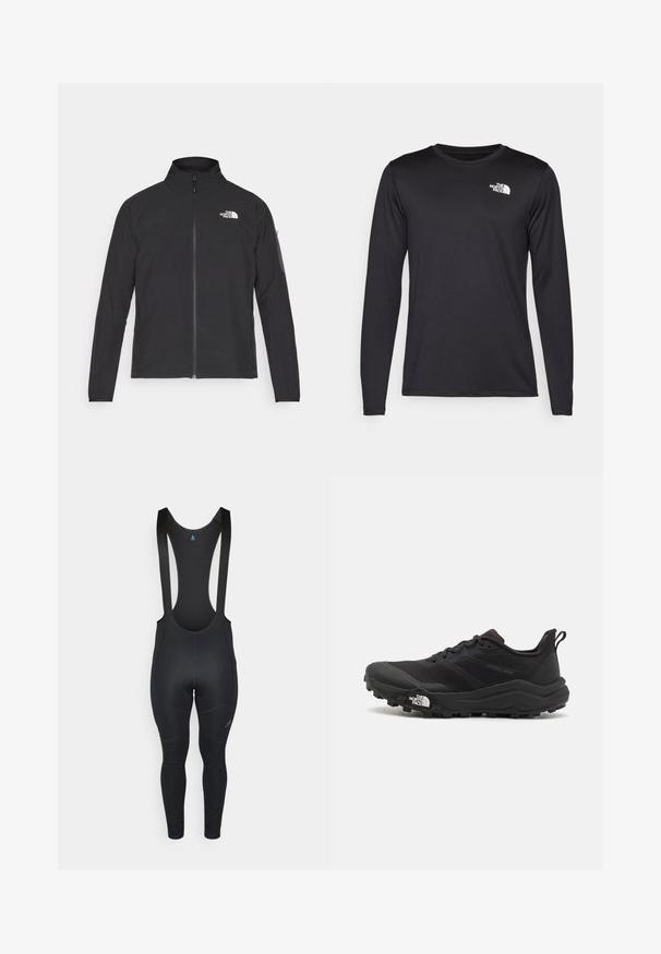 Melna jaka ar augstu apkakli, priekšpuses rāvējslēdzēju un teksturētu audumu. Ievērojams logo augšējā kreisajā pusē un sānu kabata uz piedurknes.; Garās piedurknes melna sporta t-kreklu, izgatavots no viegla auduma, ar baltu logo augšējā kreisajā krūtī. Gluda tekstūra.; Melni velosipēdu bikses ar regulējamām siksnām, bezšuvju dizainu, polsterētu sēdvietu un logo detaļu uz kreisās kājas. Gluda, elastīga auduma.; Melnas taku skriešanas kurpes ar teksturētu virsu, gumijas zoli un pastiprinātu pirkstu daļu. Aprīkotas ar mīkstu apkakli un vilkšanas cilpu, lai viegli uzvilktu.