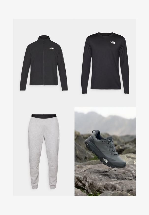 Črna jakna z visokim ovratnikom, sprednjim zadrgo in teksturirano tkanino. Ima logo na zgornji levi strani in stranski žep na rokavu.; Črna majica z dolgimi rokavi za športne dejavnosti iz lahkega materiala, ki na zgornji levi strani prsnega dela vsebuje bel logotip. Gladka tekstura.; The North Face PANT - Spodnji deli trenirk - pale grey heather/meld grey; Sive teka za trail tek, z teksturirano zgornjimi deli, trpežnim gumijastim podplatom in ojačanim kapico za prste. Ima vezi in logotip blagovne znamke na strani.