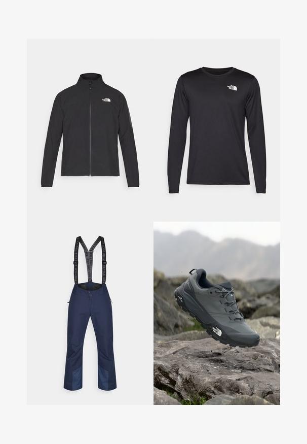 Svart jacka med hög krage, framdragkedja och texturerat tyg. Har en logotyp på övre vänstra sidan och en sidoficka på ärmen.; Långärmad svart prestandatröja i lätt tyg, med en vit logotyp på övre vänster bröst. Slät textur.; Marinblå vattentäta byxor med justerbara svarta hängslen. Har dragkedjefickor och förstärkta nedre ben för extra hållbarhet.; Grå trail löparskor med en texturerad ovandel, hållbar gummisula och förstärkt tåparti. Har snören och logotyp på sidan.