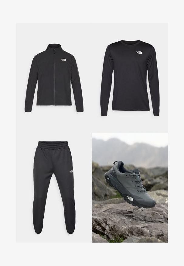 Svart jacka med hög krage, framdragkedja och texturerat tyg. Har en logotyp på övre vänstra sidan och en sidoficka på ärmen.; Långärmad svart prestandatröja i lätt tyg, med en vit logotyp på övre vänster bröst. Slät textur.; Svarta träningsbyxor med dragsko i midjan, smal passform, elastiska muddar och en liten vit logotyp på vänstra låret, tillverkade av ett slätt tyg.; Grå trail löparskor med en texturerad ovandel, hållbar gummisula och förstärkt tåparti. Har snören och logotyp på sidan.