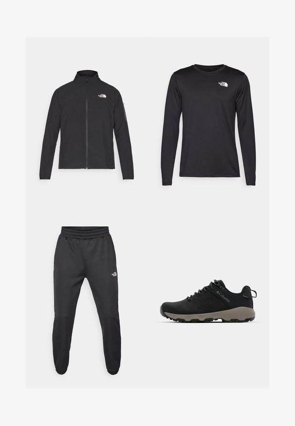 Svart jakke med høy krage, frontglidelås og teksturert stoff. Har et logo på øvre venstre side og en sidelomme på ermet.; Langermet svart prestasjonstrøye laget av lett stoff, med en hvit logo på øvre venstre bryst. Glatt tekstur.; Sorte joggebukser med snor i livet, tettsittende passform, elastiske mansjetter og en liten hvit logo på venstre lår, laget av glatt materiale.; Svart tursko med glatt overdel, perforert design, grå såle og forsterket hæl. Har snøringer og en pull-tab for enkel påkledning.